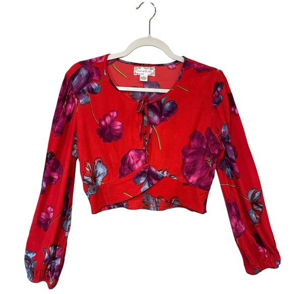 Band of the Free Floral Blouse Crop Top Tie Front Red Purple Women's Medium - Picture 1 of 5
